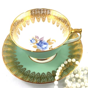 Aynsley Oban Shape Duo, Delicate Blue Rose in the Center, Pastel Green Nicely Gilded Borders, Bone English China mad in 1960s