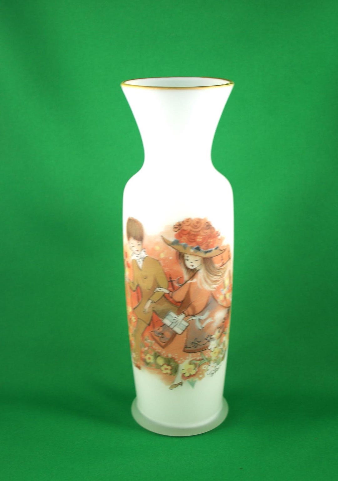 Hand Painted, Artist Signed White Silk Glass Medium Size Floral Vase ...