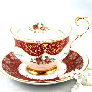 Paragon Cup & Saucer, Delicate Floral Accent on White, Burgundy Gilded Borders, Bone English China made in 1960s