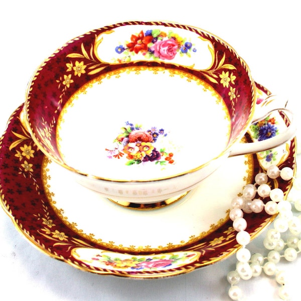 One of the Kind Royal Paragon Floral Duo, Wide Mouth, Burgundy Gilded Borders, Bone English China made in 1930s