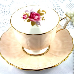 Aynsley Lovely Cup & Saucer, Delicate Rose Accent, Pastel Peach Raised Borders, Crocus Shape, Gold Rims, Bone English China made in 1960s