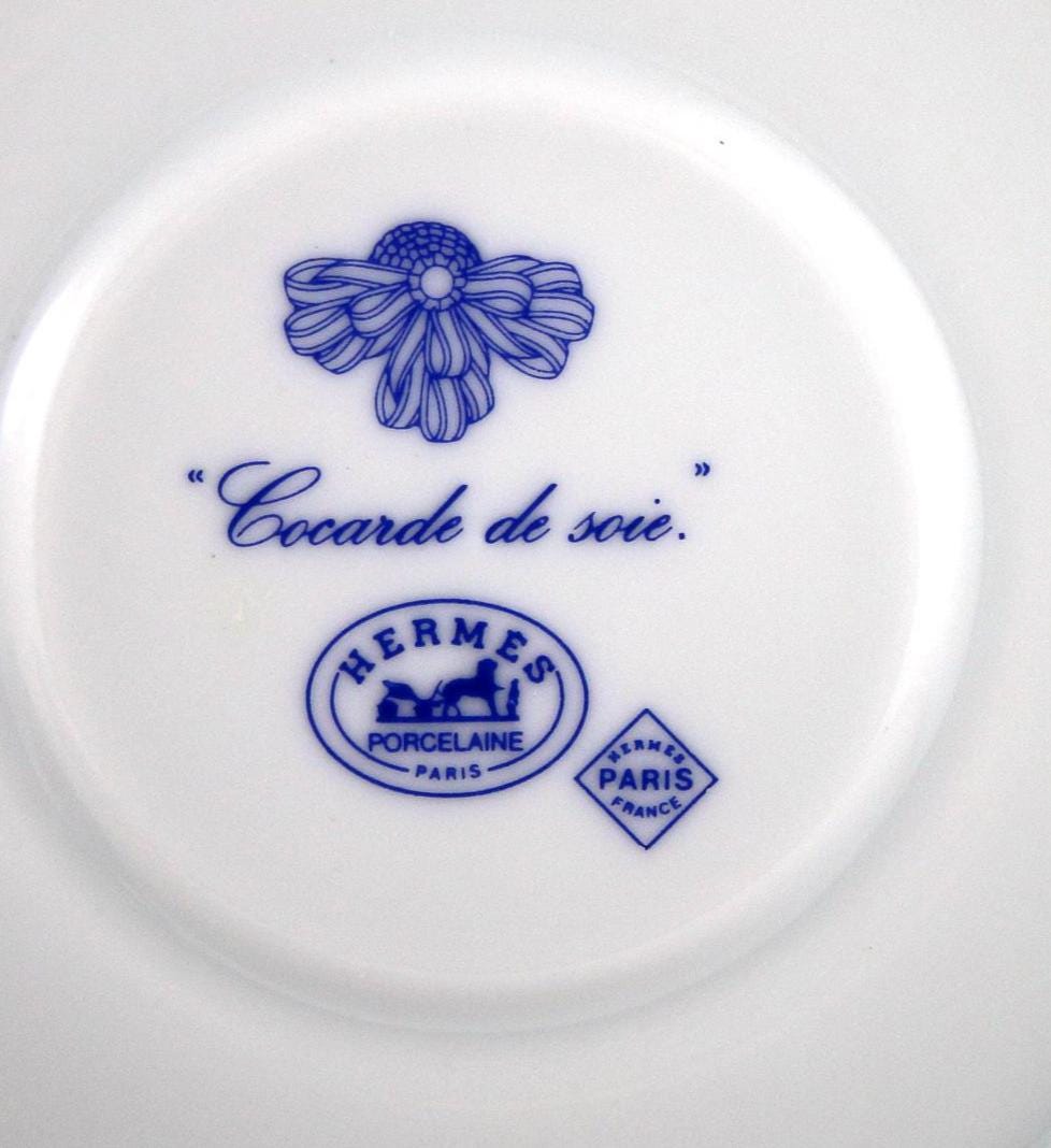 Hermes Cocarde De Soie Duo, French Bone China, Navy Blue Bows