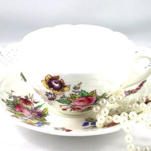 Coalport Vintage Cup & Saucer, Delicate Floral Pattern on White Raised Borders, Bone English China made in 1950s