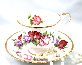 Vintage Paragon Bone China Tea Cup Duo: Floral Pea Pattern, Gilded Edges
