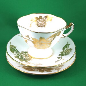 Hammersley, Hammersley Rose  Trio, Lovely Golden Rose Design on White Background, Bone English China made in 1970s