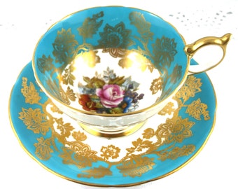 Aynsley Hand Made Signed Cup& Saucer, Bailey Pattern, Wide Mouth, Turquoise Gilded Borders, Bone English China made in 1950s