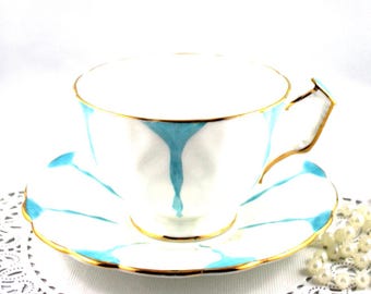 Dúo de tazas de té Art Déco Aynsley: porcelana china de los años 50, diseño de azafrán azul