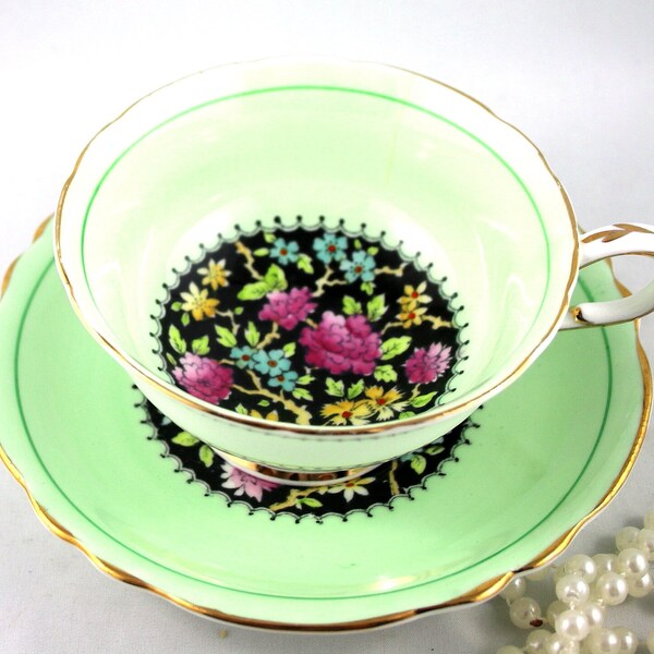 DW Paragon Lovely Duo, Colorful Floral Accent, Delicate Green Borders, Gold Rims, Bone English China made in 1940s