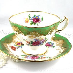 Hammersley, Beautiful Floral Duo, Lovely Floral Green Gilded Borders, Bone English China made in 1960s