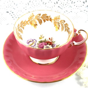 Aynsley Beautiful Floral Duo, Oban Shape Pink Borders, Bone English China made in 1960s