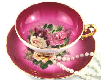 Stanley Hand Painted Gorgeous Duo, Colorful Roses on Crisp Burguny Borders, Gold Rims, Bone English China made in 1950s