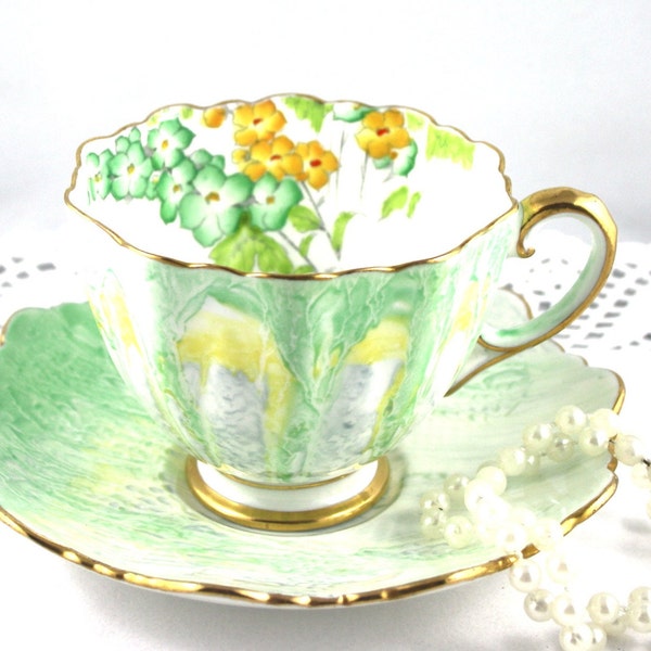 Hand Made, Elegant, Unique Paragon Duo, Delicate Floral Accent, Pastel Green Raised Borders, Scallop Gilded Edges, Bone China made in 1930s