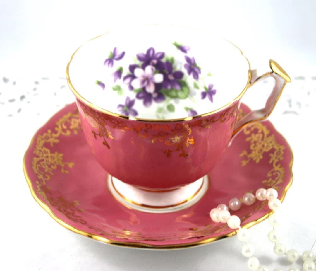 Aynsley Floral Bone China Duo: Violet Accent, Pink Gilded Borders