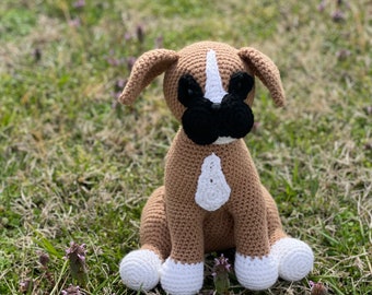 Handmade crocheted Boxer inspired amigurumi stuffed plush toy