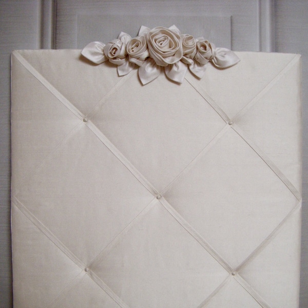 French Memoboard with large rose ornament covered with ivory silk, 20 x 30 inches / 51 x 76cm