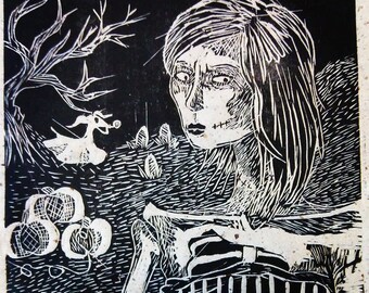 May include: Black and white woodcut print depicting a woman with long hair, a skeletal ribcage, and a stitched-up face. The woman is set against a dark, shadowy background with a tree and other abstract shapes.