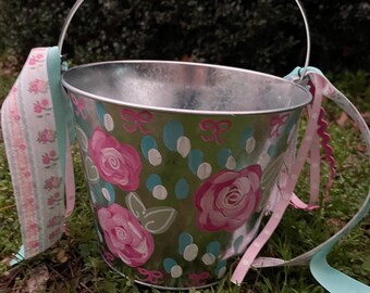 9” Opening Personalized Hand Painted Easter  Bucket with Ribbon