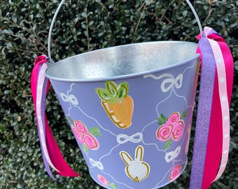 9” Opening Personalized Hand Painted Easter  Bucket with Ribbon