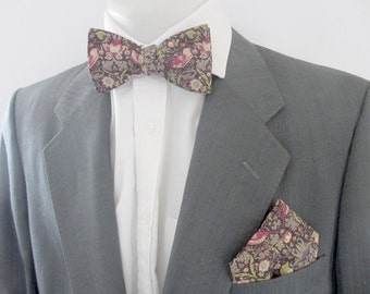 Bowtie and pocket square  ~ buy any combination ~ in Strawberry thief ~ designed by William Morris for Liberty wedding  gift  mens wear