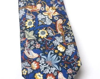 Liberty print fabric Necktie / necktie set / pocket square  William Morris  "Strawberry thief ~ Bright blue and brown