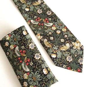Liberty print fabric Necktie / necktie set / pocket square  William Morris design"Strawberry thief ~ Forest green