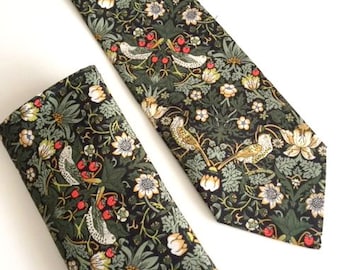 Liberty print fabric Necktie / necktie set / pocket square  William Morris design"Strawberry thief ~ Forest green