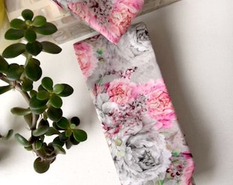Floral necktie and matching pocket square ~ fine lawn cotton grey and pink  floral fabric