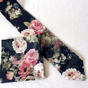Floral necktie and matching pocket square ~   fine lawn cotton Black, blue and pink  floral fabric