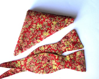 Bowtie in Liberty Print "Tatum "  choice of combination ~ Bowtie, Pocket square or Bowtie set ~ red floral design