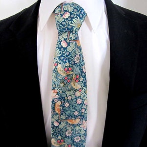 Made in Liberty of London fabric ~  Men's wedding  Necktie ~ ~ green ,  sea green, brown,   ~ ~ necktie ~ cravat~ strawberry thief