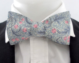 Men's bowtie in Grey and pink floral Liberty Print fabric - choice of fittings ~ tie ~ pocket square ~ bowtie wedding  gift  mens wear