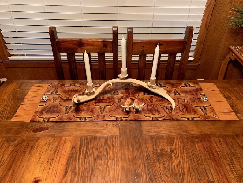 Tr79 Longhorn Embossed Leather Table Runner Fringe Star Conchos