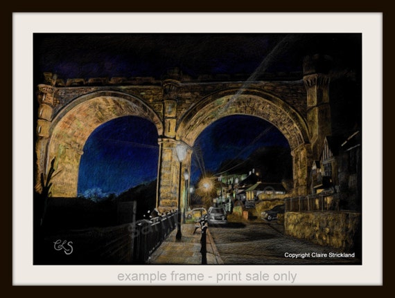 Knaresborough Train Railway Landscape Giclee Art Print of drawing by RussellArt