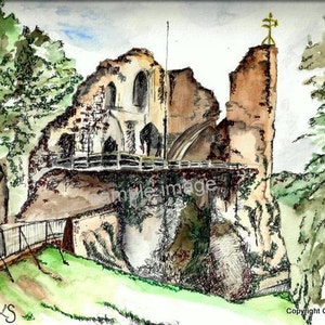 Knaresborough Castle, Yorkshire. - Giclee Print of Original Watercolour and Pen Drawing by English Artist Claire Strickland