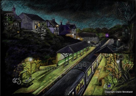 Knaresborough Train Railway Landscape Giclee Art Print of drawing by RussellArt