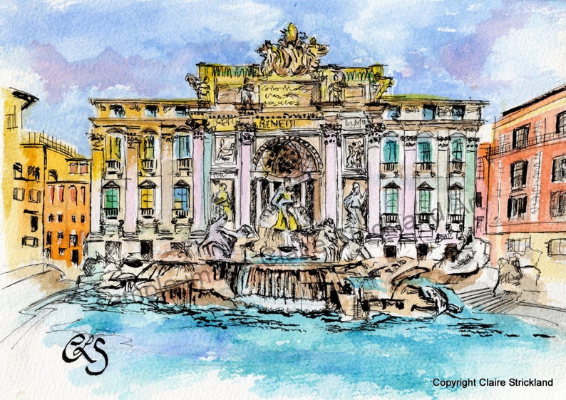 Trevi Fountain, Rome, Italy. Giclee Print of Original Watercolour and