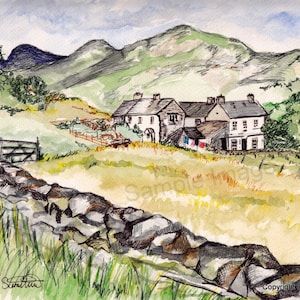 Langdale Pike, The Lake District, Cumbria. - Giclee Print of Original Watercolour and Pen Drawing by English Artist Claire Strickland