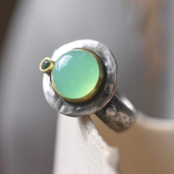 Chrysoprase and tsavorite ring in 18K gold bezels and silver.