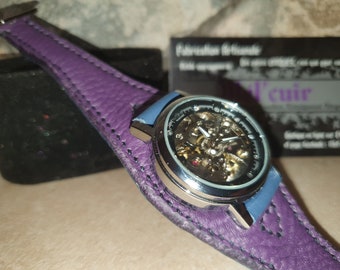 Mechanical watch, "purple" leather strap