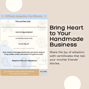 May include: A light blue and tan adoption certificate with the text "Official Adoption Certificate" and illustrations of a starfish, dog, bee, lion, dinosaur, and seal. The certificate includes space for the adoptive parent's signature.