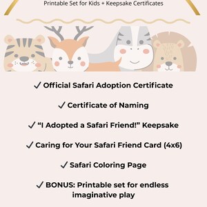 May include: A printable "Safari Adoption Bundle" with a tiger, deer, zebra, and lion illustration. Includes certificates, a keepsake, a coloring page, and a bonus printable set. Text reads "Safari Adoption Bundle" and "Printable Set for Kids + Keepsake Certificates."
