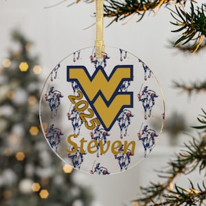 Acrylornamenten West Virginia University, sportdecoratie, vakantiecadeaus, souvenirs softbalseizoen, aangepaste ornamenten
