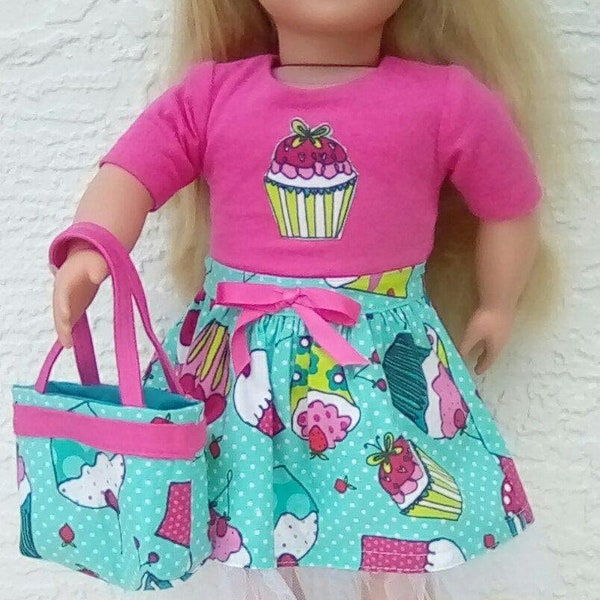 7 piece Cupcakes print skirt set for 18 inch dolls like American girl and Our Generation for ages 6 and up