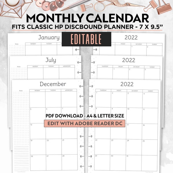 Editable Classic Happy Planner Monthly Calendar Inserts - Instant Download - Ready to print at home!