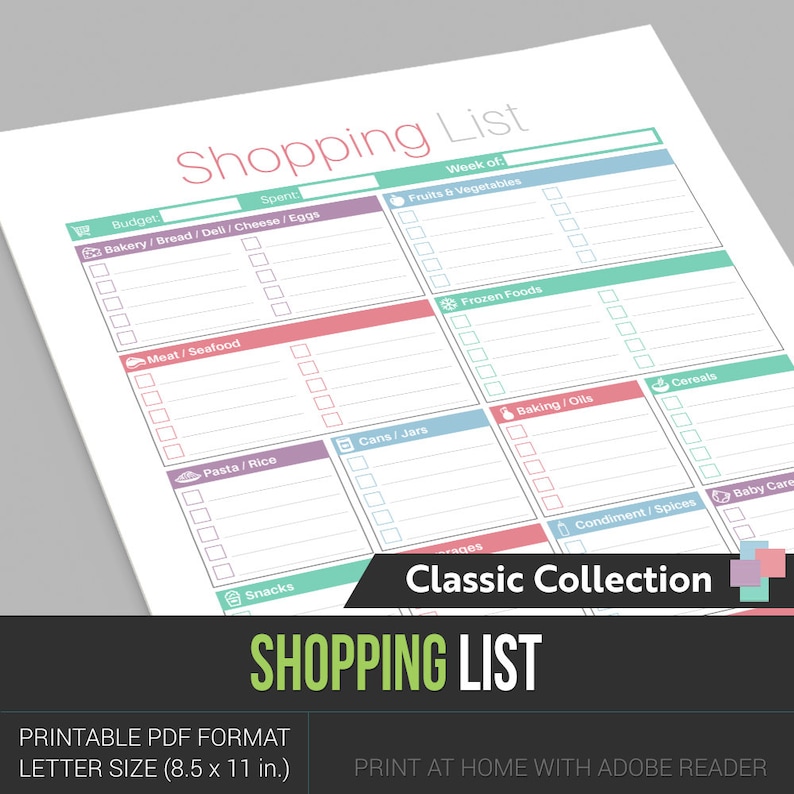 Shopping List With Categories Instant Download PDF Format Ready to