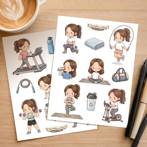 Heart doing Exercise Digital Stickers, Cute Fitness Planner Stickers, Workout Journaling Clipart, PFD, PNG & Silhouette Studio Files