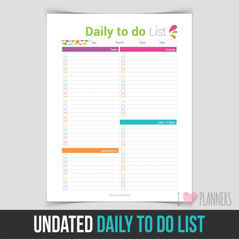 Instant Download PDF format ready to print at home! Undated Daily To Do List