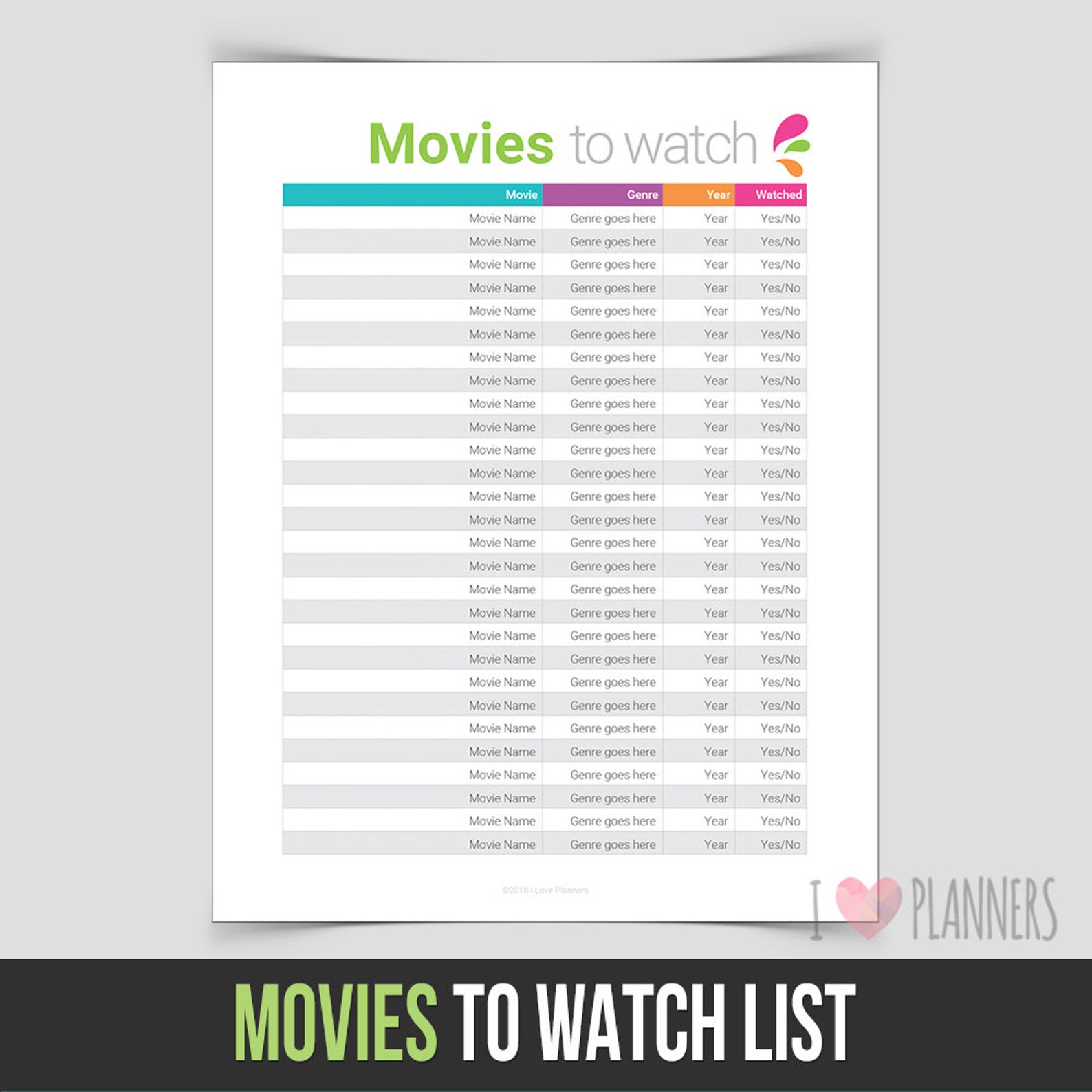 Movies to Watch List Instant Download Editable PDF File Etsy