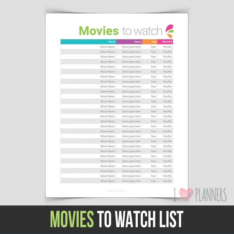Movies to watch list Instant Download Editable PDF file Etsy
