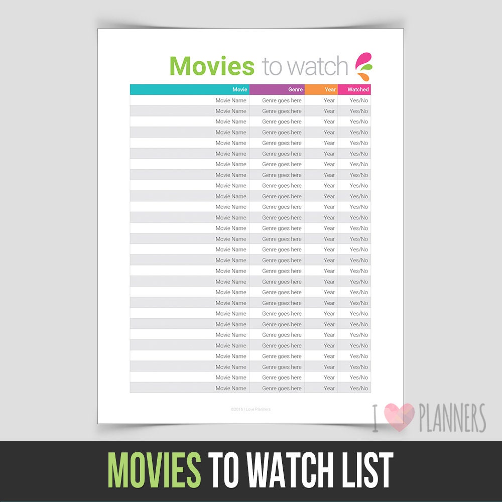 Movies to Watch List Instant Download Editable PDF File Etsy